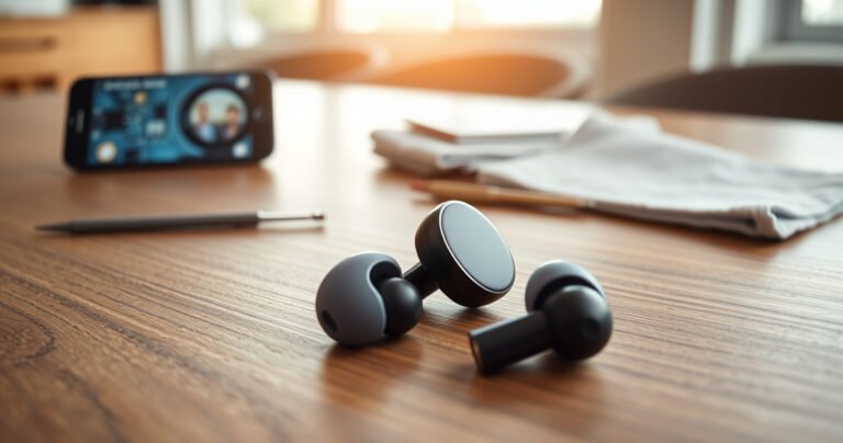 A close-up of sleek X08 earbuds resting on a modern wooden table, surrounded by tools like a small screwdriver and a soft cloth. In the background, a smartphone displays a tech tutorial, bathed in natural light, evoking a sense of calm efficiency and focus on gadget repair.