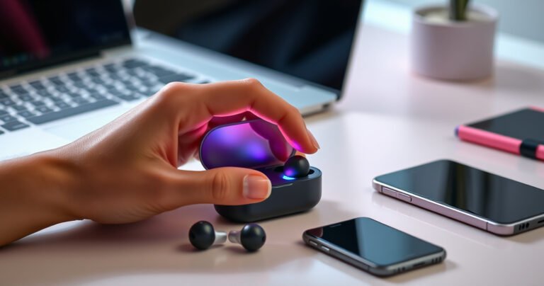 A close-up of sleek, modern Bluetooth earbuds resting on a minimalist desk, surrounded by vibrant tech gadgets. A hand gently reaches for the earbuds, with a subtle glow illuminating the charging case, symbolizing connectivity and innovation. The background features soft, blurred outlines of a laptop and smartphone, creating an inviting tech atmosphere.