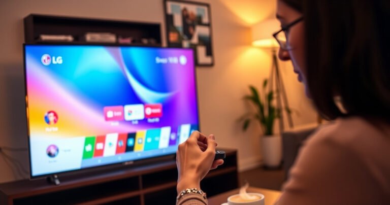 A sleek, modern LG Smart TV displaying a vibrant, colorful home screen in a cozy living room setting. A person is seen gently pressing the remote control buttons, with a focused expression. Soft warm lighting highlights the contemporary decor, while a coffee table with a steaming cup of coffee adds to the inviting atmosphere.
