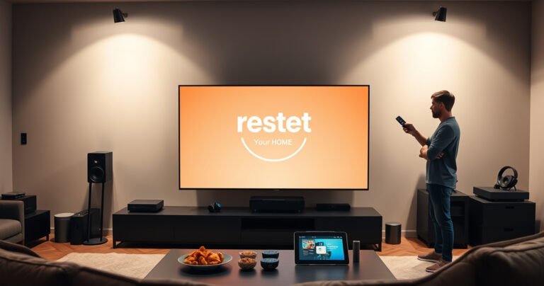 A sleek modern living room with a large smart TV displaying a friendly reset animation. A person stands beside it, confidently pressing a remote control. Soft, ambient lighting creates a cozy atmosphere, while a coffee table holds snacks and a tablet showing a guide. The walls are adorned with tech gadgets, emphasizing a smart home vibe.