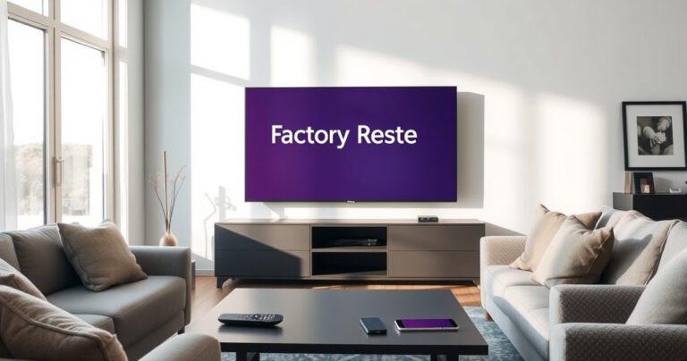 A modern living room scene featuring an LG Smart TV displaying a bright, inviting factory reset screen. Soft sunlight filters through large windows, illuminating cozy furniture and a sleek coffee table. A remote control lies nearby, surrounded by subtle hints of technology, like a smartphone and tablet, creating a serene atmosphere focused on digital simplicity.