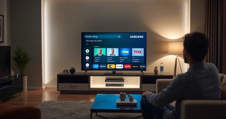 A sleek Samsung Smart TV glowing in a modern living room, with a user navigating the channel scanning menu on the screen. Soft ambient lighting highlights the contemporary decor, while a cozy couch and a stylish coffee table complete the scene, inviting viewers to explore the world of television entertainment.