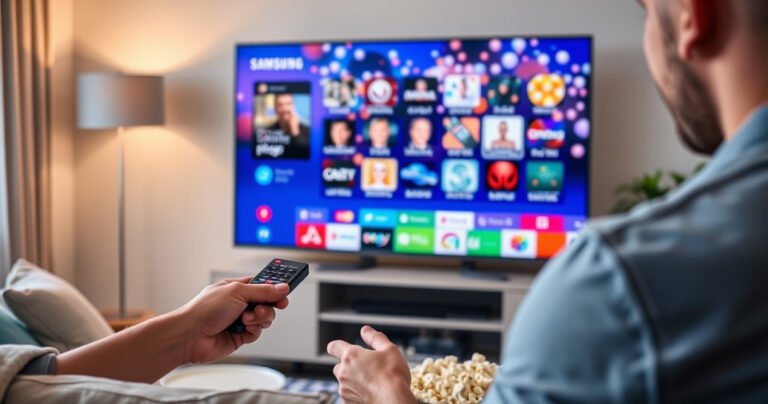 A sleek Samsung Smart TV displaying a vibrant interface, with colorful channel icons scattered across a bright screen. Nearby, a user intently studies a remote control, surrounded by a cozy living room setting featuring a plush couch, soft lighting, and a bowl of popcorn, evoking a sense of modern home entertainment.