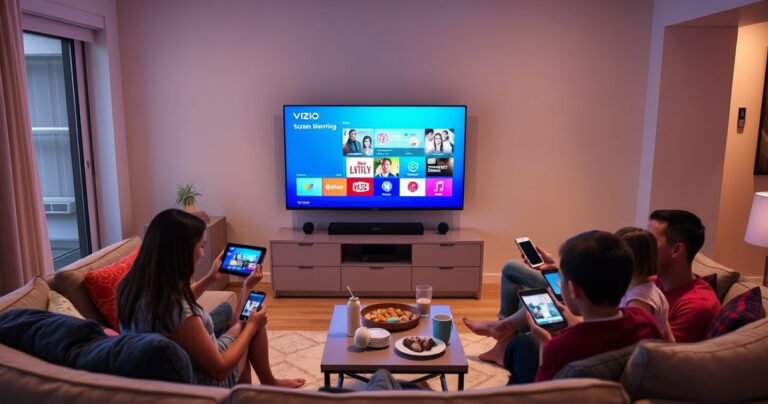 A cozy living room featuring a sleek Vizio Smart TV displaying vibrant screen mirroring options, surrounded by a family joyfully using smartphones and tablets. Soft lighting enhances the modern decor, with a plush couch and colorful pillows, while a small coffee table holds snacks and drinks, embodying a perfect tech-savvy family gathering.