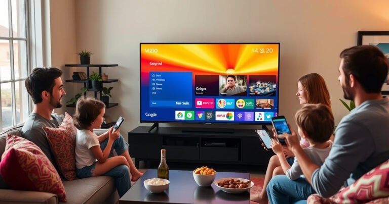 A cozy living room featuring a sleek Vizio Smart TV displaying a vibrant screen mirroring interface, surrounded by a plush couch, colorful throw pillows, and a coffee table with snacks. Warm light filters in through a window, illuminating the room's modern decor, while a family excitedly interacts with their devices, ready to share content.