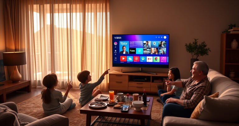 A cozy living room with a sleek Vizio Smart TV displaying a vibrant screen-sharing interface. Soft evening light filters through sheer curtains, illuminating a family gathered on a plush sofa, excitedly pointing at the TV. A coffee table cluttered with snacks and drinks adds a warm, inviting atmosphere, emphasizing seamless technology integration in daily life.