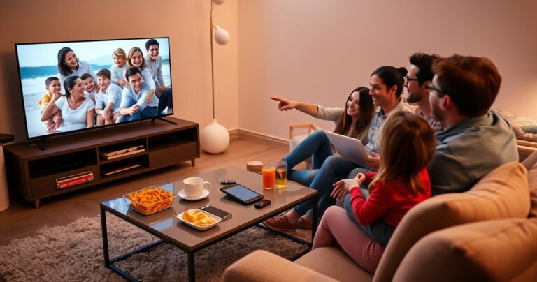 A cozy living room with a sleek smart TV displaying vibrant images of family memories. A modern coffee table holds a smartphone and a tablet, surrounded by snacks and drinks. Soft lighting creates a warm atmosphere, while a family gathers on a plush sofa, smiling and pointing at the screen, fully engaged in sharing their photos.