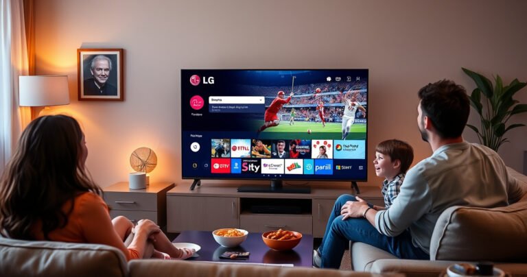 A sleek LG Smart TV displaying a vibrant streaming interface, surrounded by a cozy living room setting. Soft ambient lighting casts a warm glow, with a comfortable couch and snacks on a stylish coffee table. A family enjoys watching a live sports event, their faces lit with excitement, while a retro antenna sits playfully in the corner.