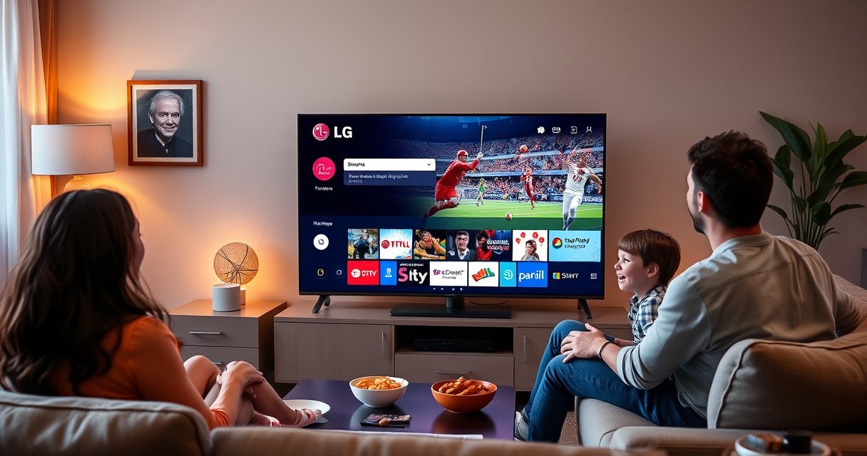 A sleek LG Smart TV displaying a vibrant streaming interface, surrounded by a cozy living room setting. Soft ambient lighting casts a warm glow, with a comfortable couch and snacks on a stylish coffee table. A family enjoys watching a live sports event, their faces lit with excitement, while a retro antenna sits playfully in the corner.