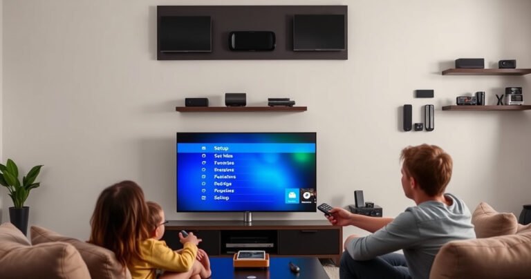 A modern living room featuring a sleek Samsung Smart TV, displaying the setup menu on a vivid screen. A family of three attentively gathers around, with a remote in hand, surrounded by cozy furniture and soft lighting, while a wall adorned with tech gadgets adds a contemporary touch to the inviting atmosphere.