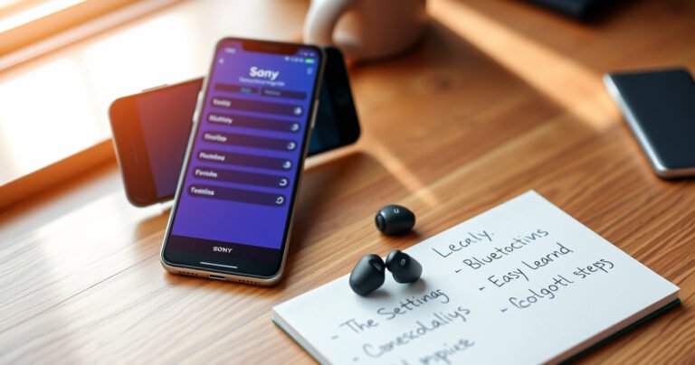 A sleek pair of Sony wireless earbuds resting on a minimalist wooden desk, surrounded by a smartphone displaying vibrant Bluetooth settings, soft morning light filtering through a nearby window, and a notepad with handwritten setup steps, creating an inviting and modern tech atmosphere that inspires easy learning and accessibility.