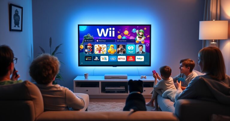 A cozy living room scene featuring a sleek smart TV displaying a vibrant Wii menu, surrounded by a comfortable sofa, colorful game controllers, and a playful pet. Soft ambient lighting creates a warm atmosphere, while a family is joyfully preparing to play together, capturing the essence of nostalgia and modern gaming fusion.