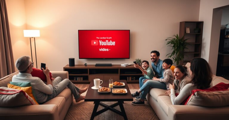 A cozy living room featuring a sleek smart TV displaying the YouTube logo, surrounded by plush sofas and colorful throw pillows. Soft ambient lighting creates a warm atmosphere, while a family joyfully gathers, remote in hand, ready to explore videos together. A coffee table with snacks and drinks adds a inviting touch to the scene.