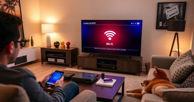 A cozy living room featuring a sleek smart TV displaying a vibrant Wi-Fi setup screen. Surrounding the TV are modern furniture, a stylish coffee table with tech gadgets, and soft ambient lighting. A person is connecting the TV to Wi-Fi using a smartphone, while a friendly pet lounges nearby, creating a warm, inviting atmosphere.