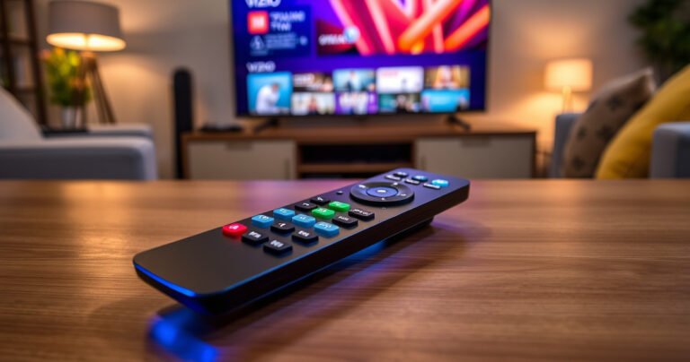 A close-up of a sleek Vizio Smart TV remote, surrounded by colorful buttons illuminated in soft light. The remote rests on a stylish wooden table, with a modern living room setting in the background featuring a large Vizio TV displaying a vibrant streaming interface, cozy cushions, and a warm, inviting atmosphere.