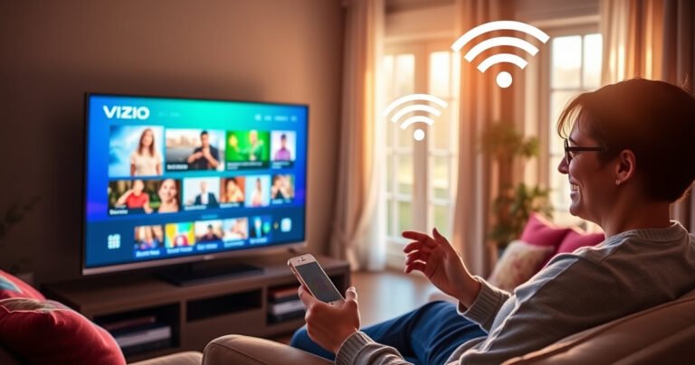 A cozy living room with a sleek Vizio Smart TV displaying vibrant streaming content, surrounded by a plush couch and colorful cushions. A person, focused and smiling, is connecting their smartphone to the TV, with vibrant WiFi signals illustrated in the air. Warm sunlight filters through a window, creating a welcoming atmosphere.