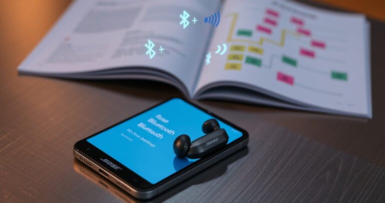A sleek pair of Bose earbuds resting on a brushed metal surface, surrounded by a smartphone displaying the Bluetooth settings screen. Soft, ambient lighting highlights the earbuds' contours, while user-friendly icons float above, symbolizing connectivity. In the background, an open instruction manual with colorful diagrams adds a touch of clarity and guidance, creating a tech-savvy atmosphere.