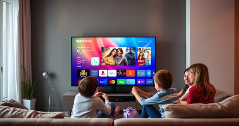 A sleek Samsung Smart TV set against a modern living room backdrop, glowing with vibrant colors from a streaming app. A friendly family gathers around, eagerly navigating the setup on the screen. Cozy furniture, soft lighting, and a hint of excitement in the air create an inviting atmosphere for tech enthusiasts.