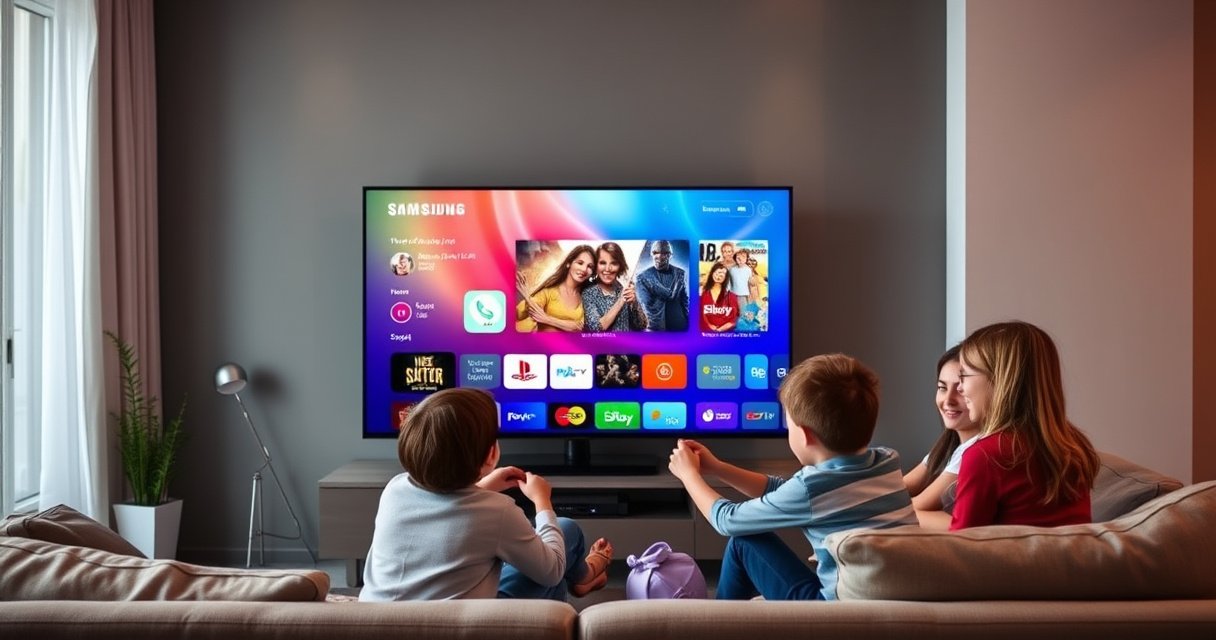 A sleek Samsung Smart TV set against a modern living room backdrop, glowing with vibrant colors from a streaming app. A friendly family gathers around, eagerly navigating the setup on the screen. Cozy furniture, soft lighting, and a hint of excitement in the air create an inviting atmosphere for tech enthusiasts.