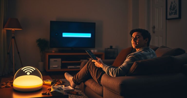 A frustrated person sitting on a cozy couch, remote in hand, surrounded by a dimly lit living room. The TV screen displays a spinning buffering icon, while scattered snacks and a glowing Wi-Fi router emphasize the chaos. The atmosphere conveys urgency and the struggle against technology, with hints of hope in the form of a checklist of tips nearby.