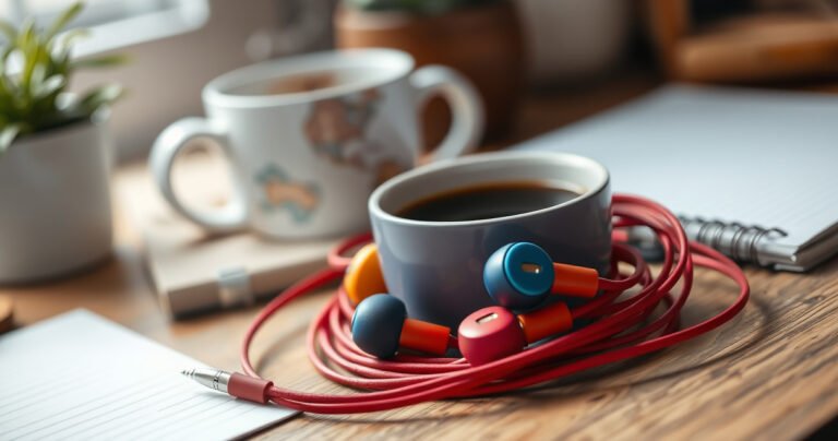 A close-up of colorful earphones nestled in a cozy, inviting workspace, surrounded by a cup of steaming coffee, scattered notes, and a small plant. The background softly blurred, focusing on the earphones with a hint of playful creativity, showcasing the theme of innovative solutions and personal comfort in everyday life.