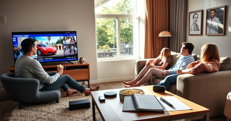A cozy living room with a sleek smart TV displaying vibrant local news, surrounded by a family comfortably lounging on a stylish couch, popcorn in hand. Sunlight streams through the window, highlighting a modern coffee table filled with tech gadgets and a notepad with a step-by-step guide on streaming.