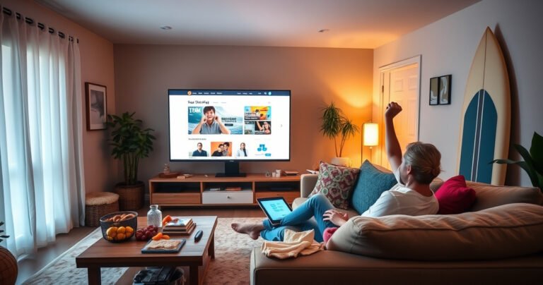 A cozy living room with a large smart TV displaying a vibrant web browser interface, a person excitedly sitting on a plush sofa, surrounded by snacks, colorful decor, and a glowing tablet nearby. Soft lighting creates a warm atmosphere, while a surfboard rests against the wall, blending technology and leisure for an engaging scene.