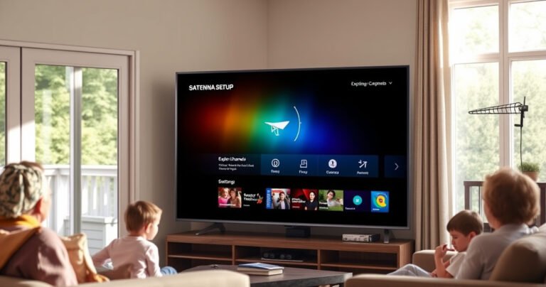 A cozy living room scene featuring a sleek Samsung Smart TV displaying a vibrant antenna setup screen. The TV is surrounded by comfortable furniture, with the sun streaming through large windows. Nearby, a family enjoys their time together, exploring channels, while an antenna is visible on a nearby shelf, symbolizing the switch to antenna broadcasting.