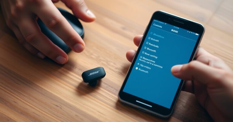 A close-up of sleek, black Bose earbuds resting on a smooth wooden surface, surrounded by a glowing smartphone displaying the Bluetooth settings screen. Soft, ambient lighting highlights the earbuds' contours, while a pair of hands gently reaches for the phone, creating an inviting, tech-savvy atmosphere perfect for a step-by-step guide.