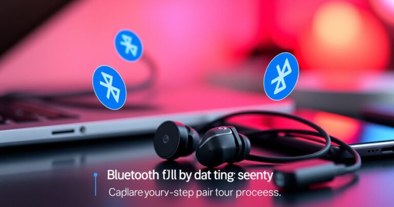 A close-up of sleek, modern Heyday earbuds nestled in a vibrant, tech-savvy workspace. Brightly colored Bluetooth pairing icons float around them, set against a blurred background of a laptop and smartphone. Soft, ambient lighting enhances the scene, conveying a sense of connectivity and innovation, inviting readers to explore the step-by-step pairing process.