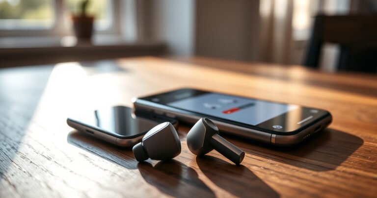 A close-up of sleek JLab earbuds resting on a wooden table, surrounded by a smartphone displaying a Bluetooth pairing screen, soft morning light streaming through a window, gentle shadows enhancing the textures, with a cozy home atmosphere, inviting the viewer to explore the seamless connection between technology and everyday life.
