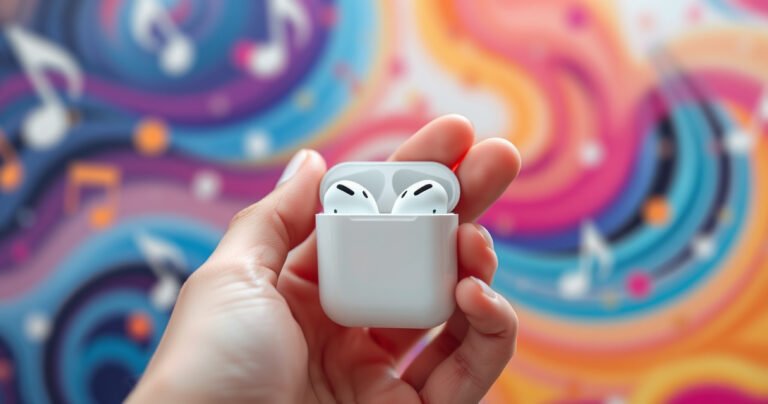 A close-up of a hand gently removing sleek, white AirPod Pros from a vibrant, colorful background of swirling musical notes and sound waves, emphasizing the elegant design of the earbuds. Soft natural light highlights the smooth surface, while a subtle bokeh effect adds depth to the scene, creating an inviting atmosphere for tech enthusiasts.