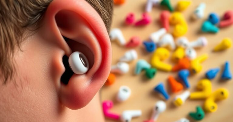 A close-up of a person’s ear with oversized earbuds partially inserted, highlighting discomfort. The background features a colorful array of smaller, perfectly fitting earbuds scattered around. The expression on the person's face shows confusion, emphasizing the struggle with size. Soft, warm lighting enhances the scene, inviting viewers to engage with the topic.
