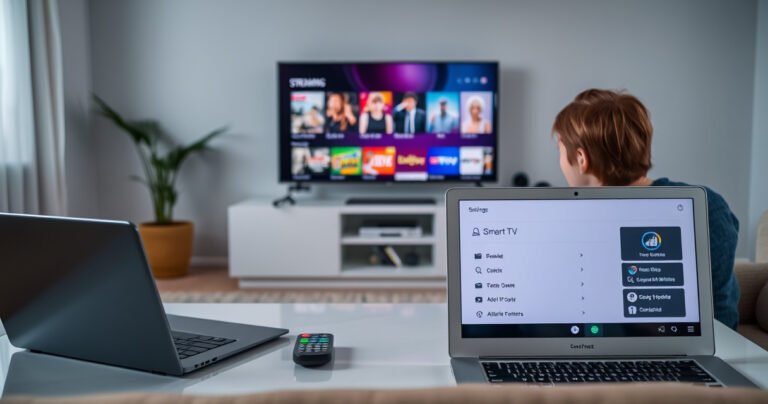 A modern living room featuring a sleek flat-screen TV displaying vibrant streaming icons, a stylish coffee table with remote controls, and an open laptop showcasing smart TV features. Soft ambient lighting creates a cozy atmosphere, while a person curiously inspects the TV settings, with a tablet nearby illustrating app downloads and connectivity options.