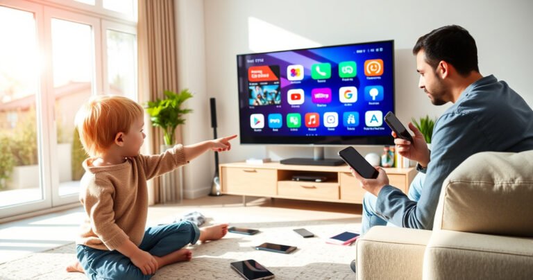 A vibrant living room featuring a sleek Smart TV displaying colorful app icons, surrounded by modern furniture. A curious child points excitedly at the screen, while a parent checks a smartphone for comparison. Sunlight streams through large windows, illuminating tech gadgets scattered around, conveying a sense of innovation and family interaction.