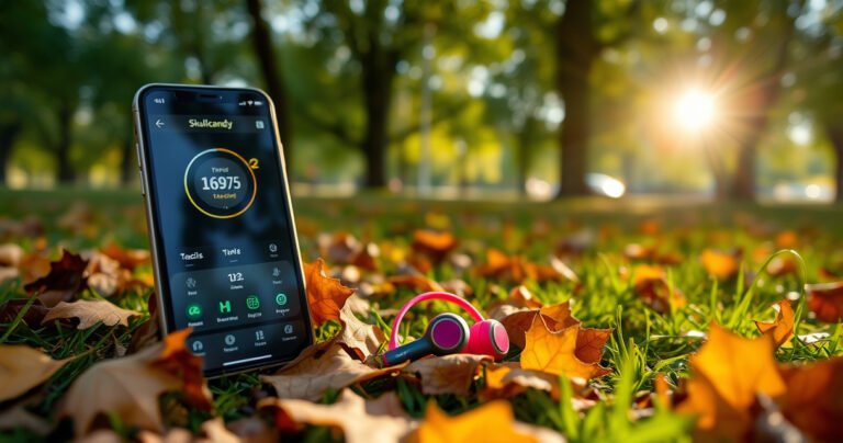 A pair of vibrant Skullcandy earbuds, partially hidden in a lush green park, surrounded by fallen leaves and twinkling sunlight filtering through trees, with a smartphone displaying a tracking app nearby, emphasizing technology and nature's harmony. The scene conveys urgency and excitement in finding lost treasures amidst everyday chaos.