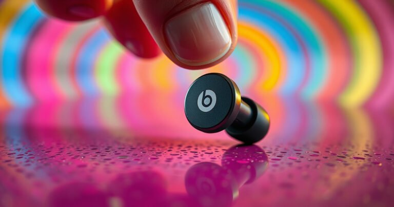 A close-up of sleek, modern Beats earbuds resting on a vibrant, textured surface, surrounded by colorful sound waves radiating outward. Soft ambient lighting highlights the glossy finish, while a hand hovers nearby, poised to activate the earbuds, evoking a sense of excitement and anticipation.