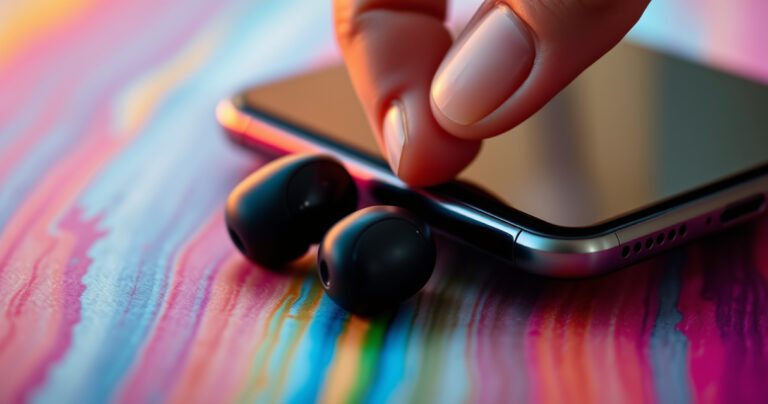 A close-up of sleek, modern earbuds resting on a vibrant, colorful background, with a hand adjusting the volume on a smartphone. Surrounding the earbuds are visual sound waves dissipating, symbolizing a decrease in volume. Soft, warm lighting enhances the scene, creating a sense of calm and control in the world of audio.