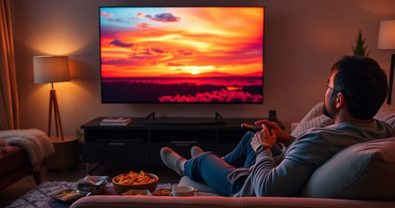 A cozy living room scene featuring a modern LG Smart TV displaying a vibrant sunset with closed caption text overlay. A person, relaxed on a plush sofa, thoughtfully fiddles with a remote, surrounded by snacks and warm lighting, conveying a sense of comfort and technology in harmony.
