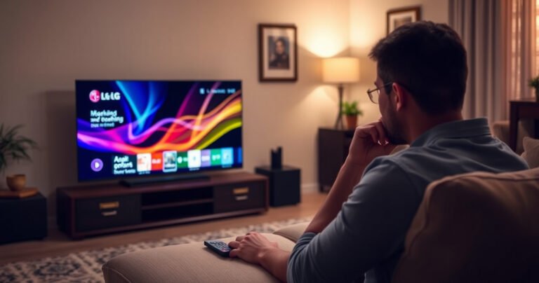 A cozy living room with a sleek LG Smart TV displaying a colorful scene, a remote control resting on a plush couch. Soft lighting illuminates the space, emphasizing a thoughtful person, focused on the screen, contemplating the settings. Subtle hints of closed captions appear in the background, suggesting a transition to silence.