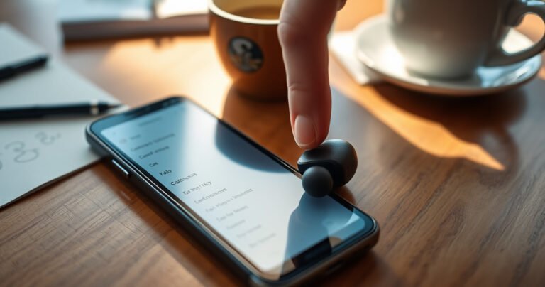 A close-up of sleek wireless earbuds resting on a wooden table, their glossy surface reflecting soft morning light, surrounded by a smartphone displaying a settings menu. A hand gently hovers above the earbuds, poised to tap, while scattered notes and a coffee cup create a cozy, tech-savvy atmosphere.