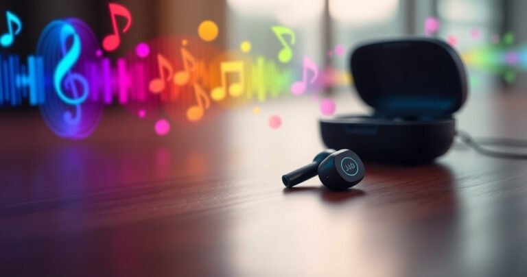 A close-up of sleek JLab earbuds resting on a wooden table, surrounded by a vibrant mix of colorful sound waves and musical notes, with a soft, ambient light illuminating the scene, emphasizing the modern design and user-friendly features, inviting readers to discover the simple steps to disconnect and enjoy their music experience.