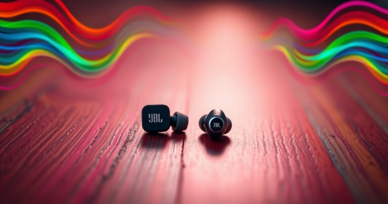 A close-up of sleek JBL earbuds resting on a vibrant wooden surface, surrounded by colorful soundwaves emanating in all directions. Soft lighting highlights the earbuds' design, while a digital overlay of instructions appears subtly in the background, blending technology with creativity. The scene exudes a sense of audio exploration and modern lifestyle.