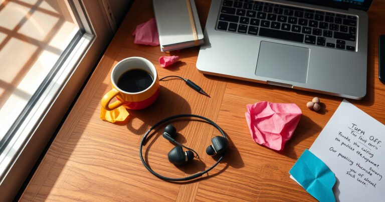 An artistic flat lay of Skullcandy Grind earbuds resting on a wooden desk, surrounded by vibrant, crumpled paper notes and a steaming cup of coffee. Sunlight streams through a nearby window, casting soft shadows, while an open laptop displays a colorful tutorial on how to turn off the earbuds, creating a cozy, inviting workspace atmosphere.