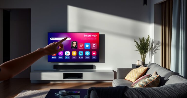 A sleek, modern living room featuring a Samsung TV with a glowing Smart Hub interface, a hand reaching towards the screen to tap an invisible button, soft ambient lighting casting gentle shadows, and a cozy sofa adorned with colorful cushions, all set against a backdrop of minimalistic decor and a subtle hint of technology.