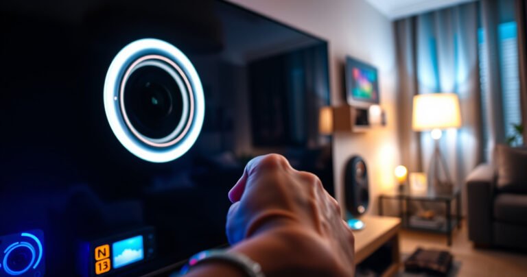 A close-up of a sleek, modern smart TV with a glowing camera lens, surrounded by vibrant electronic gadgets. A hand is reaching towards the remote, poised to press a button, while a soft glow of warm light illuminates a cozy living room. A subtle hint of a digital interface overlays the scene, indicating privacy concerns.