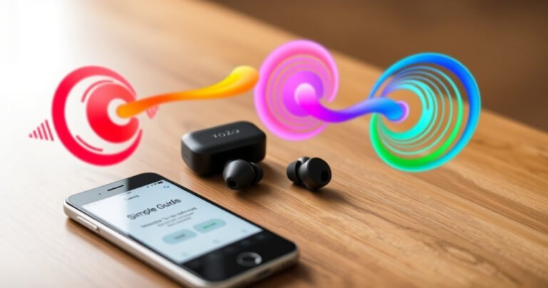A close-up of sleek TOZO earbuds resting on a modern wooden table, surrounded by vibrant sound waves illustrated in colorful swirls. The scene is soft-lit, highlighting the earbuds' glossy finish. An open smartphone displays a simple guide, with arrows pointing towards the earbuds, creating a sense of seamless interaction and technology at your fingertips.