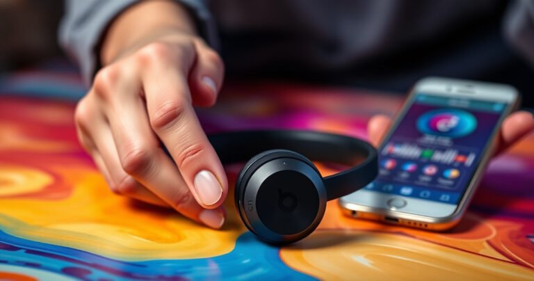 A close-up of sleek Beats earphones on a vibrant, colorful background, with glowing buttons subtly illuminated, hands reaching out to press the power button, surrounded by dynamic soundwave patterns, conveying energy and excitement, while a smartphone displays a music app in the blurred background, hinting at the seamless connection and modern lifestyle.