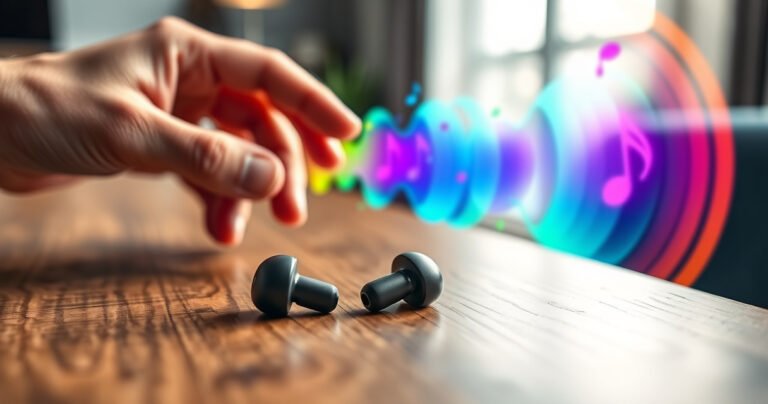 A close-up of sleek wireless earbuds resting on a modern wooden table, surrounded by vibrant sound waves illustrated in bright colors, with a hand reaching out to pick them up. Soft ambient light highlights the earbuds' design, creating an inviting atmosphere that conveys the excitement of music and technology coming together.