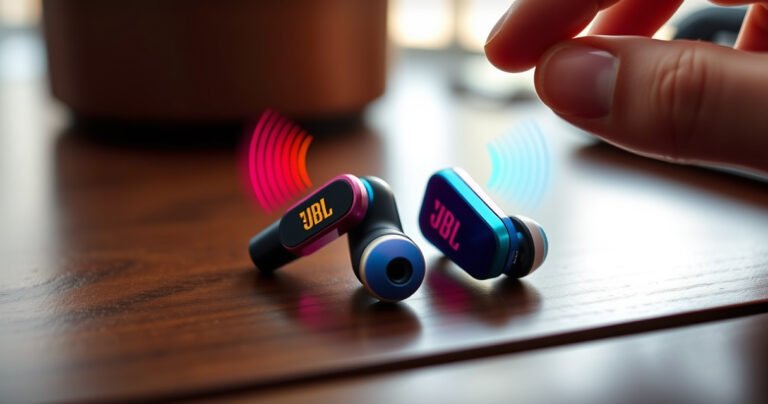 A close-up of vibrant JBL Endurance Earbuds resting on a sleek wooden surface, surrounded by colorful sound waves emanating from them. Soft morning light filters in, highlighting the earbuds’ sleek design and rich colors, while a hand gestures nearby, demonstrating the simple action of turning them on. The background features subtle hints of technology and music.